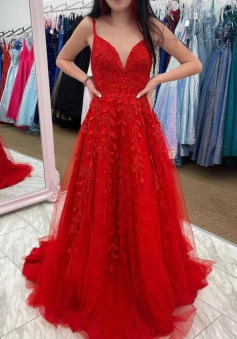 Floor Length Red Lace Tulle Prom Dresses