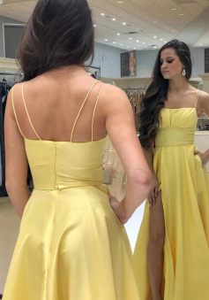Strapless A Line Split Yellow Prom Dresses 2022