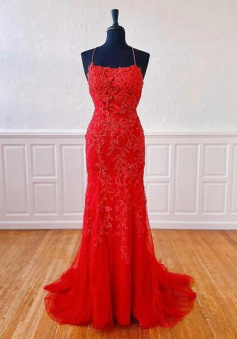 A Line Red Lace Prom Dress Dance Dresses