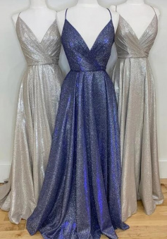 A Line V Neck Sparkling Prom Evening Dress