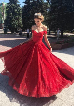 A Line Off Shoulder Red Sparkling Prom Dress
