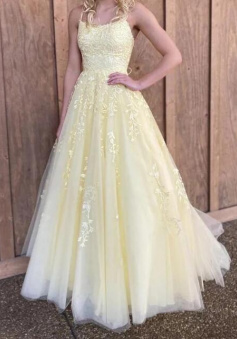 Charming A Line Yellow Lace Prom Dresses Long