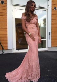 Elegant off the shoulder mermaid pink lace prom dresses