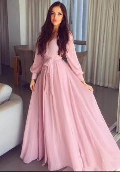 A Line Long Sleeves V Neck Long Pink Chiffon Prom Dresses