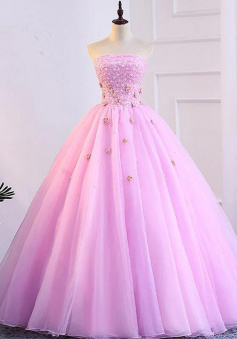 Ball Gown Pink Tulle Sweetheart 3D Lace Applique Prom Dress
