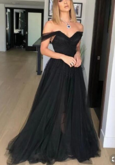 Off Shoulder A Line Black Prom Evening Dress