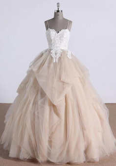 Ball Gown Champagne Tulle Ruffles Long Backless Evening Dress