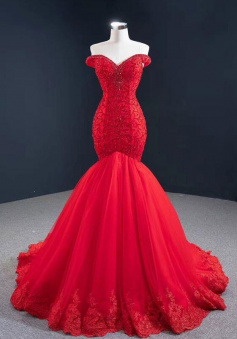 Off Shoulder Red Mermaid Formal Prom Evening Dress