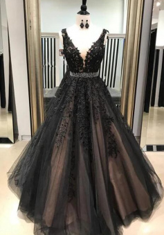 A Line Black Prom Dress with Lace, Sweet 16 Dresses