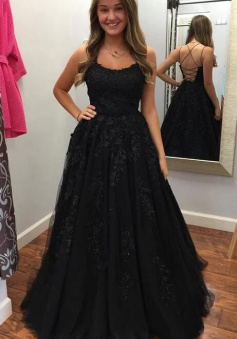 A Line Black Lace Prom Evening Dress