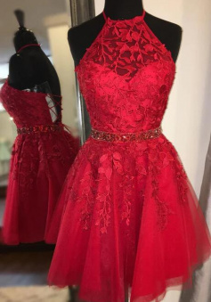 Halter Burgundy Lace Homecoming Dress