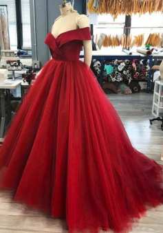 Off Shoulder Burgundy Princess Tulle Prom Dress