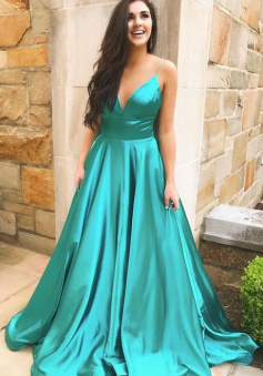 Simple V Neck Green Prom Dress Long