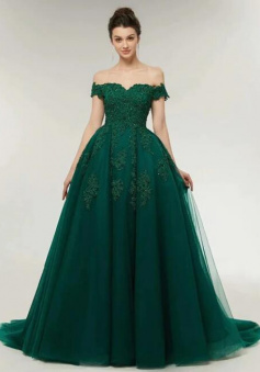 Off The Shoulder Straps Green Prom Evening Dresses With Lace