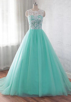 A Line Green Prom Dress with Lace Top