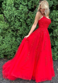 A Line Red Lace Prom Dresses, Formal Dress