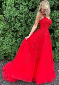A Line Red Lace Prom Dresses, Formal Dress