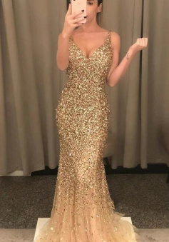 Straps Gold Sparkling V Beck Prom Dress