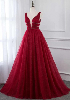 A Line Burgundy Long V Neck Tulle Prom Dress