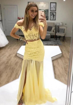 Off Shoulder Yellow lace two pieces long evening dress