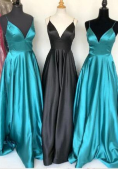 A Line v neck long prom dresses