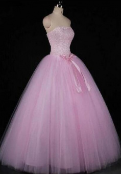 A Line Floor-length Pink Tulle Prom Dress