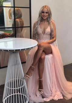 A Line Sexy V Neck Pink Chiffon Prom Dress with Slit