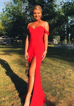 Off the Shoulder Mermaid Red Prom Dress with Slit