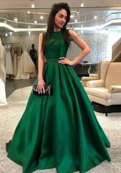 A-Line Beaded Long Green Stain Prom Dresses