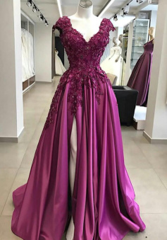 Mermaid Cap Sleeves Long Lace Prom Dress with Slit