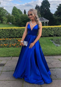 A Line Royal Blue Stain Prom Dresses