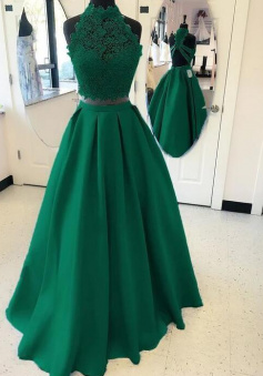 A-line Two Piece High Neck Open Back Satin Prom Dresses