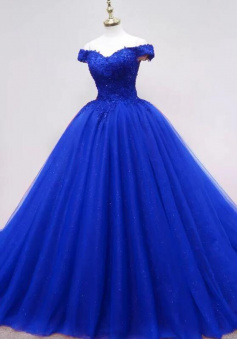 Off The Shoulder Blue Tulle Ball Gown Quinceanera Dresses