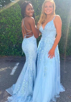 Charming Light Blue Lace Backless Prom Dress