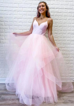 A Line V Neck Light Pink Prom Dress, Graduation School Party Gown
