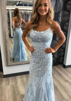 Open Back A Line Light Blue Lace Prom Dress