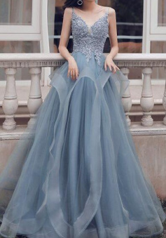 Spaghetti Straps A-Line Dusty Blue Lace Prom Dress