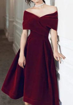 Off The Shoulder Burgundy Velvet Tea Length Prom Dresses