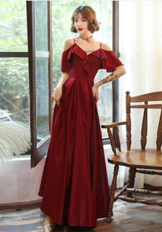 A LINE BURGUNDY CHIFFON PROM DRESS