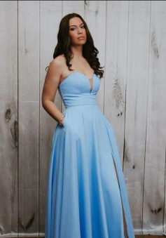 A Line Sweetheart Blue Long Prom Dress with Pockets