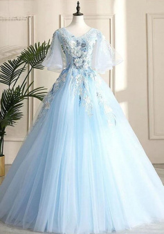 Floor Length  V-neck Blue Evening Party Dress With Flowers