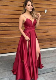 Spaghetti Straps Long Prom Dresses With Slit Side