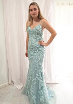 Mermaid Mint Green Lace Prom Dress with Criss Cross Back