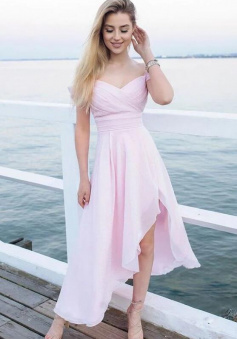 Simple off shoulder chiffon pink prom dress