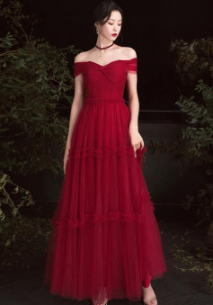 A LINE OFF SHOULDER BURGUNDY TULLE PROM DRESS