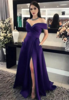 Off the shoulder split evening gown with pockets