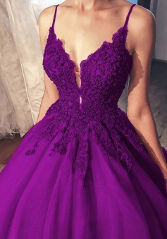 Ball Gown A Line purple lace beaded v neck tulle prom dresses
