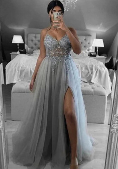 A Line V Neck Beaded Grey Long Split Prom Dress