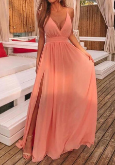 A line v neck chiffon long prom dress with slit