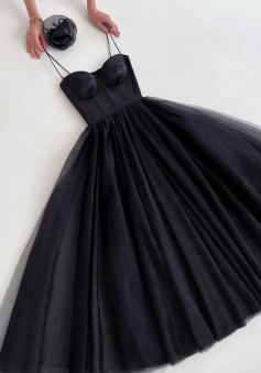 A Line Black Tea Length Prom Dresses Homecoming Dresses